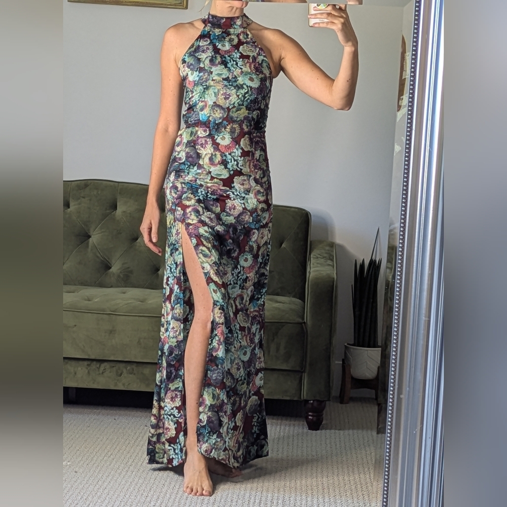 Tularosa revolve satin Side Slit Fall floral Watercolor dress xs Spring Summer
